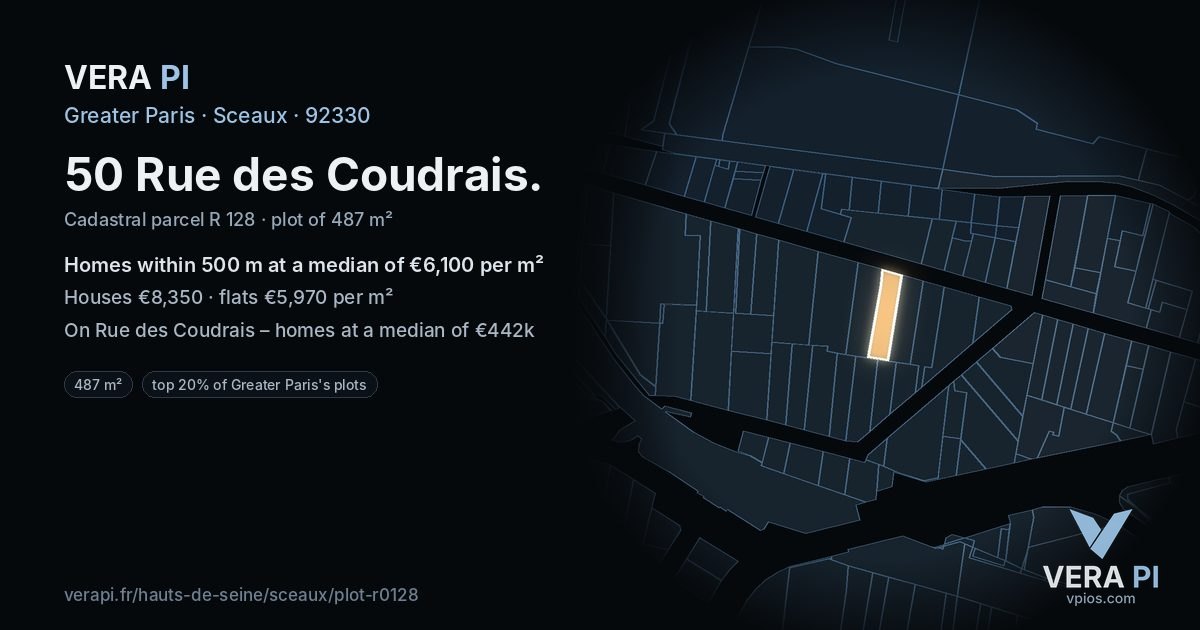 50 Rue des Coudrais, Sceaux at night – the plot lit, the parcels around coloured by the prices near them