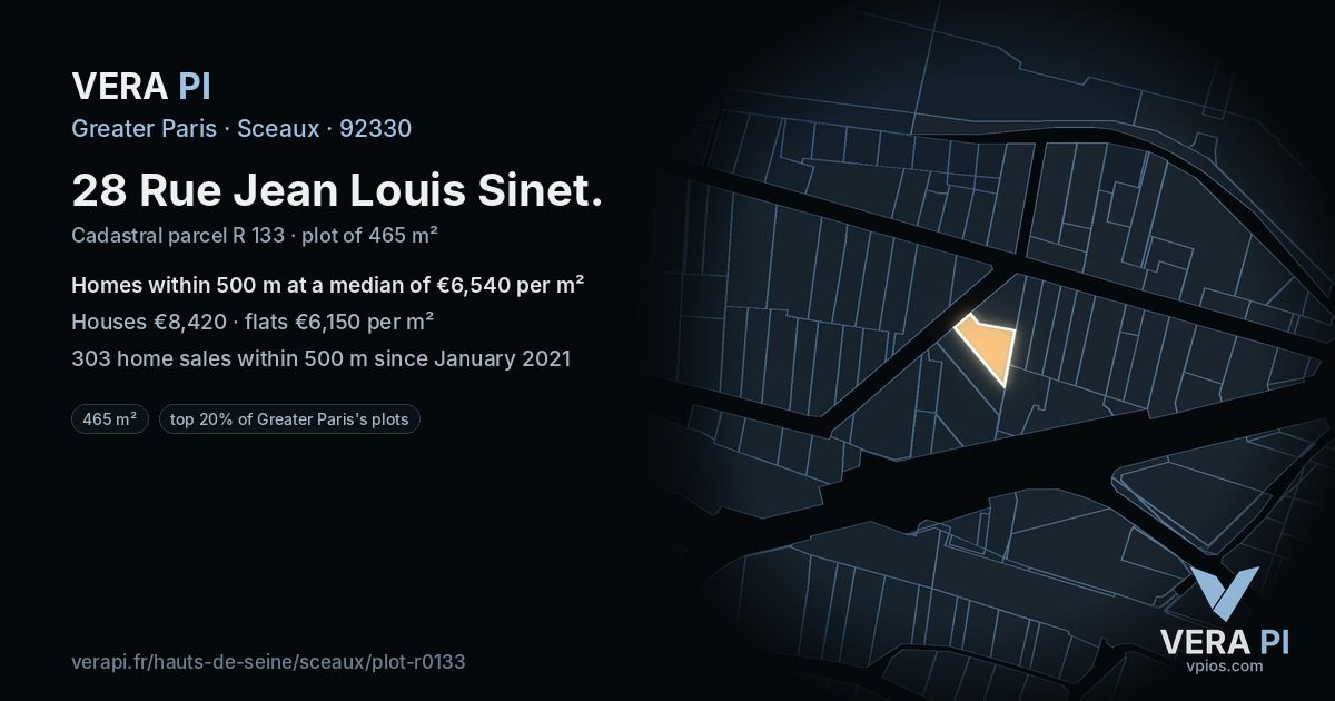 28 Rue Jean Louis Sinet, Sceaux at night – the plot lit, the parcels around coloured by the prices near them