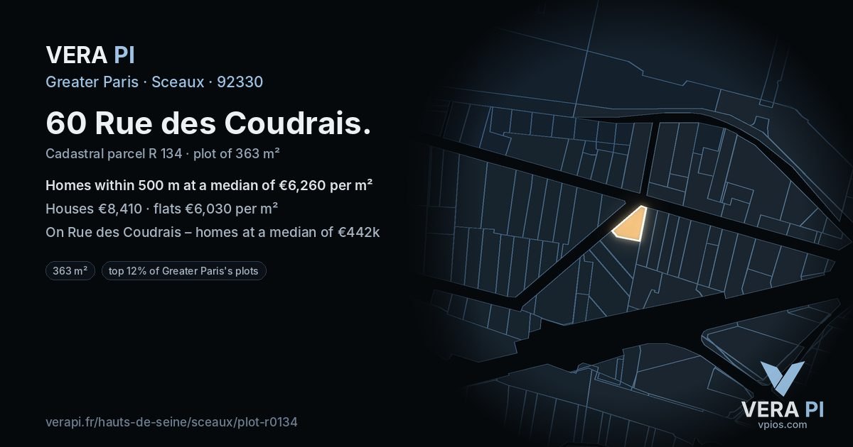 60 Rue des Coudrais, Sceaux at night – the plot lit, the parcels around coloured by the prices near them