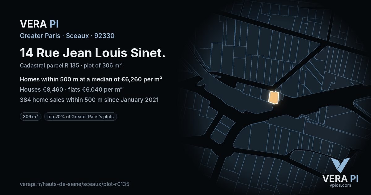 14 Rue Jean Louis Sinet, Sceaux at night – the plot lit, the parcels around coloured by the prices near them