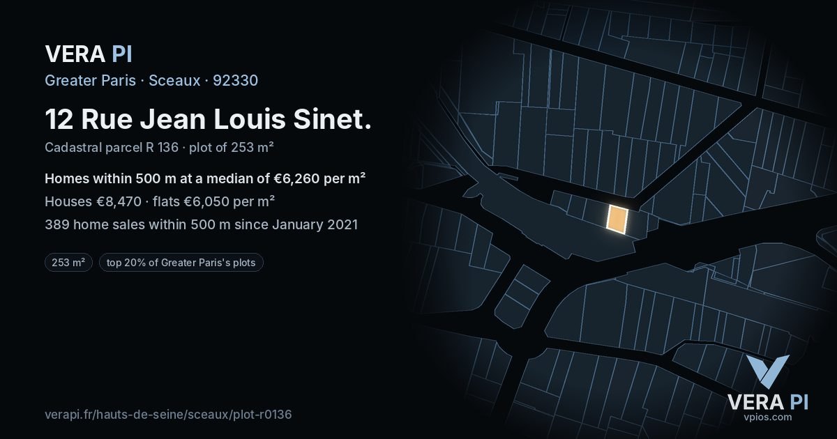 12 Rue Jean Louis Sinet, Sceaux at night – the plot lit, the parcels around coloured by the prices near them
