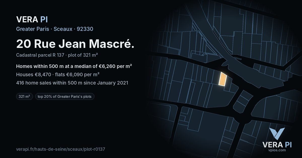 20 Rue Jean Mascré, Sceaux at night – the plot lit, the parcels around coloured by the prices near them