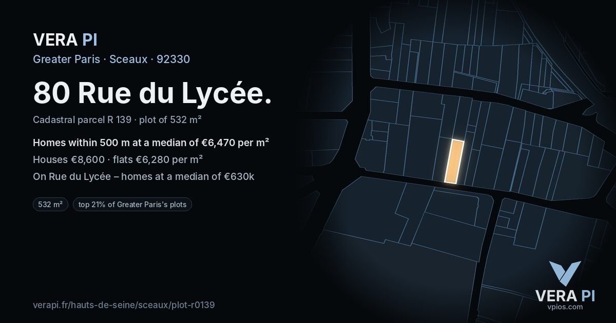 80 Rue du Lycée, Sceaux at night – the plot lit, the parcels around coloured by the prices near them