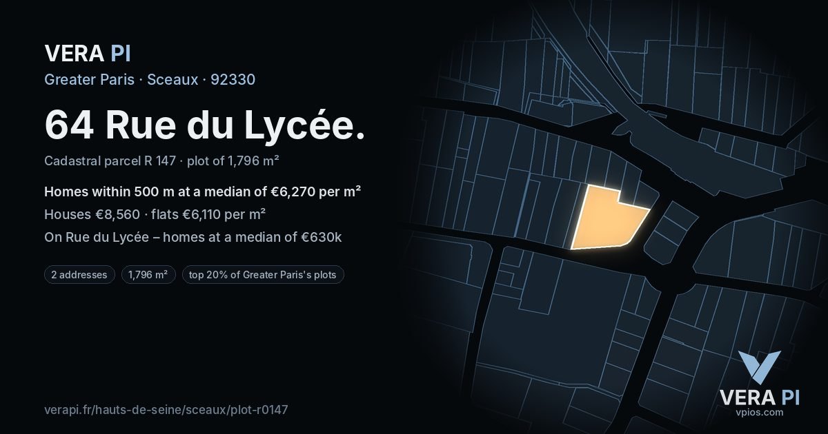 64 Rue du Lycée, Sceaux at night – the plot lit, the parcels around coloured by the prices near them