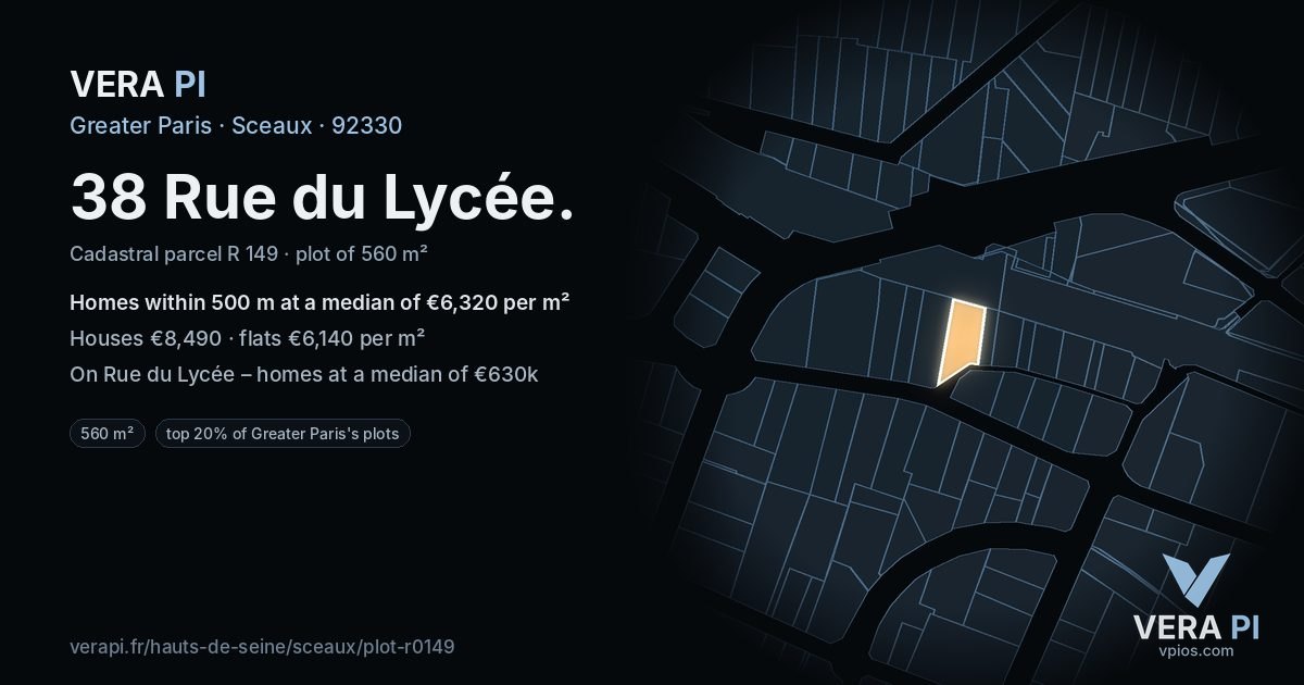 38 Rue du Lycée, Sceaux at night – the plot lit, the parcels around coloured by the prices near them