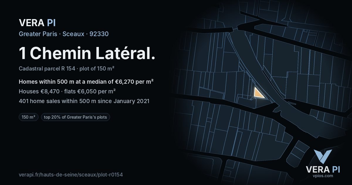 1 Chemin Latéral, Sceaux at night – the plot lit, the parcels around coloured by the prices near them