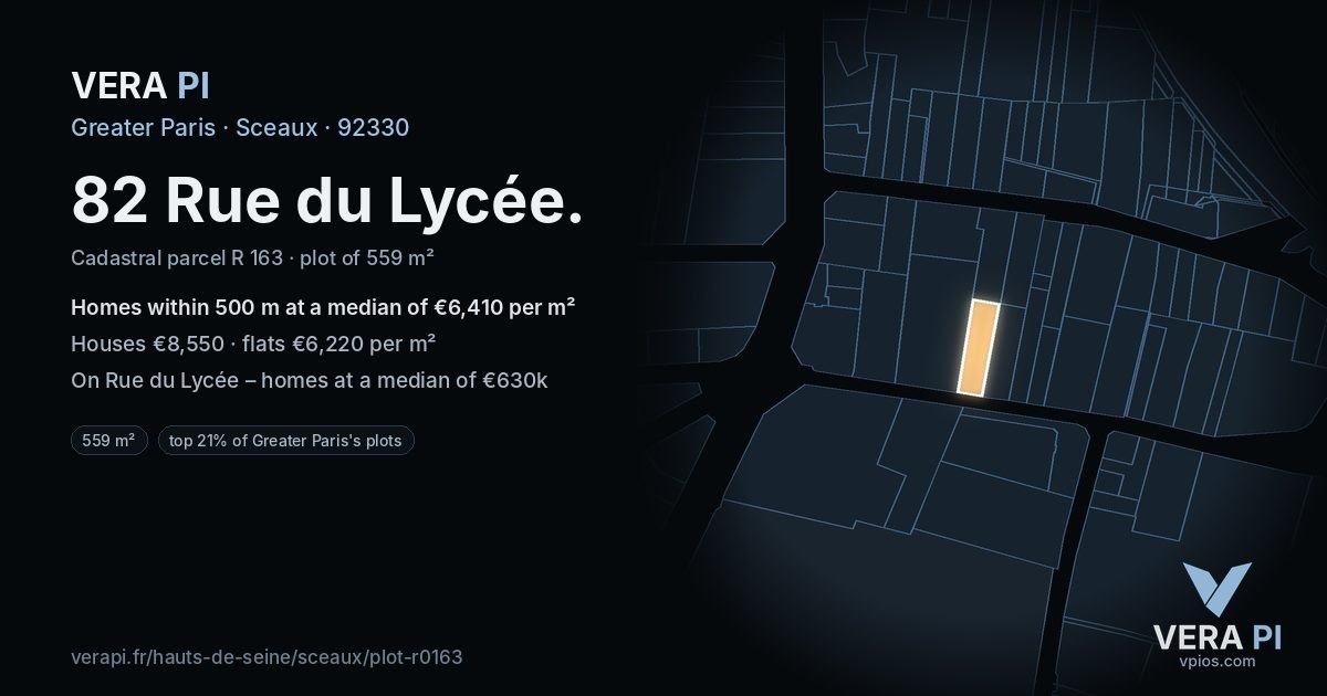 82 Rue du Lycée, Sceaux at night – the plot lit, the parcels around coloured by the prices near them