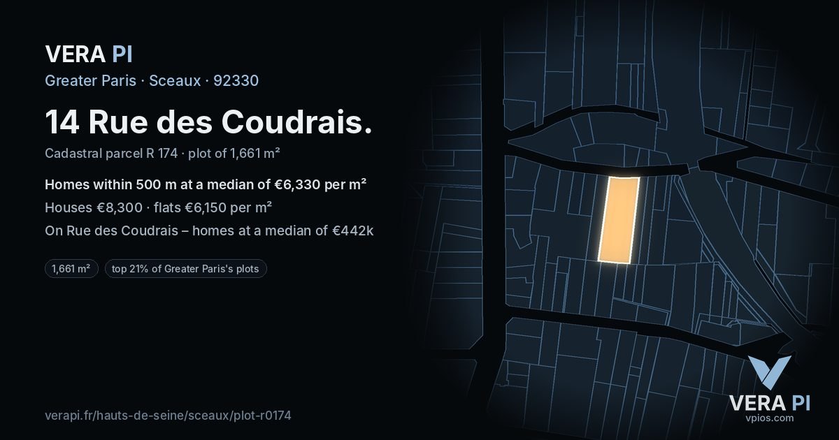 14 Rue des Coudrais, Sceaux at night – the plot lit, the parcels around coloured by the prices near them
