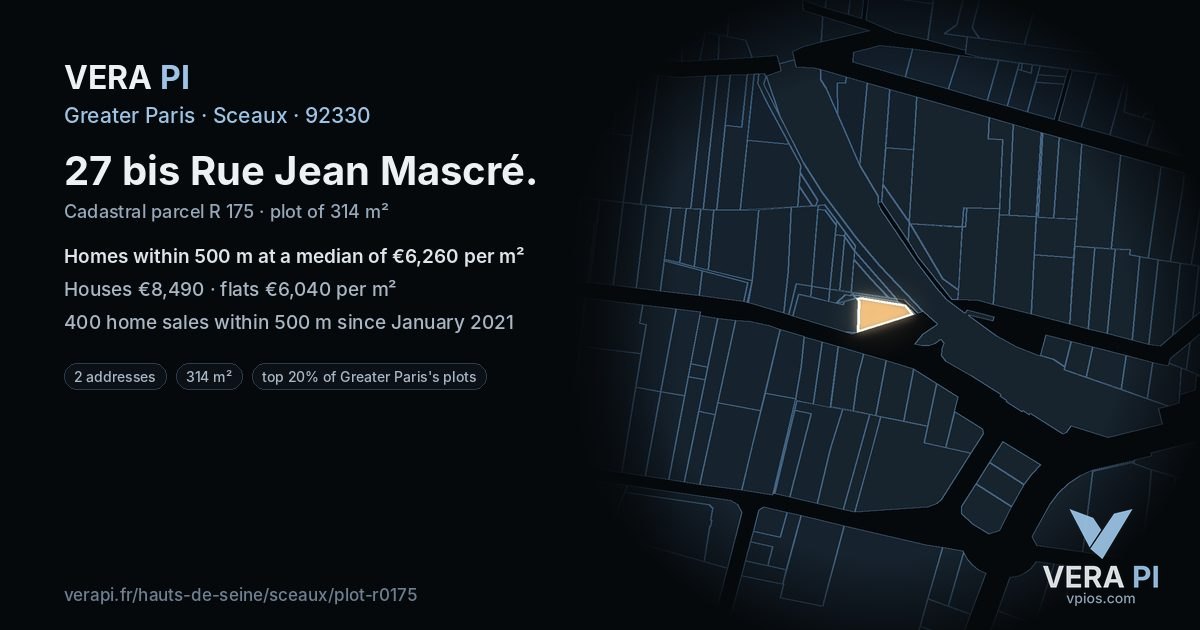 27 bis Rue Jean Mascré, Sceaux at night – the plot lit, the parcels around coloured by the prices near them