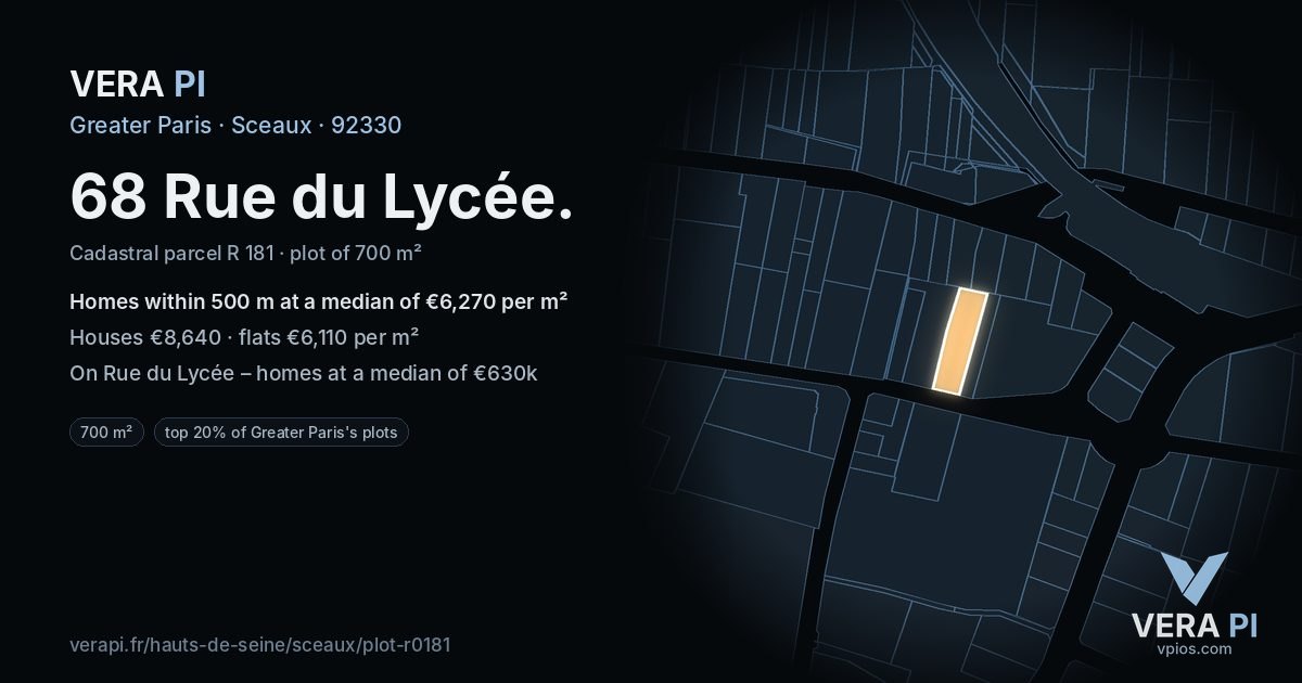 68 Rue du Lycée, Sceaux at night – the plot lit, the parcels around coloured by the prices near them