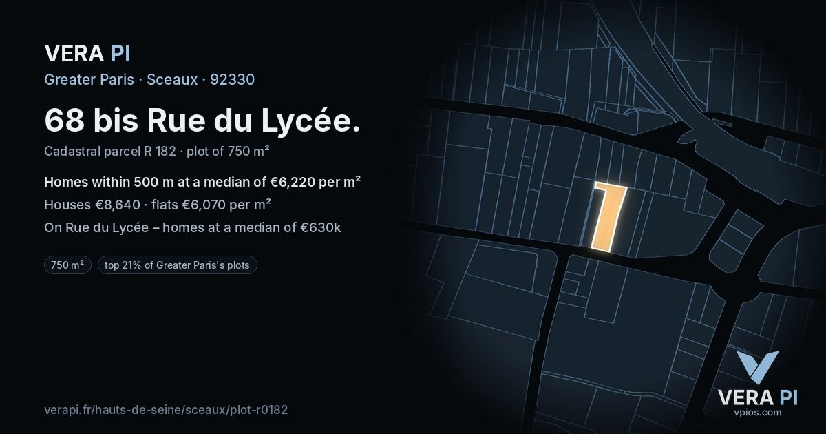 68 bis Rue du Lycée, Sceaux at night – the plot lit, the parcels around coloured by the prices near them