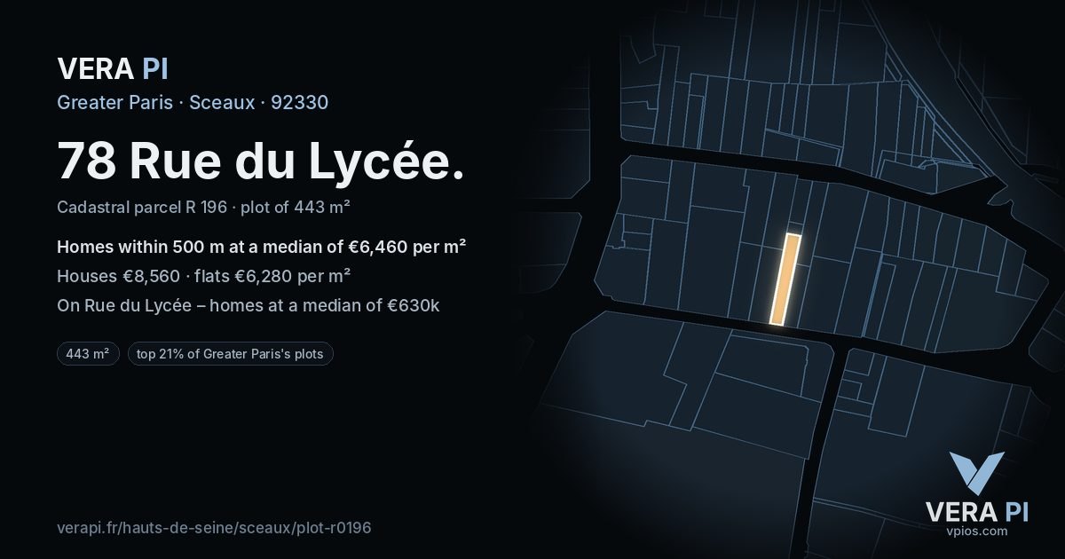 78 Rue du Lycée, Sceaux at night – the plot lit, the parcels around coloured by the prices near them