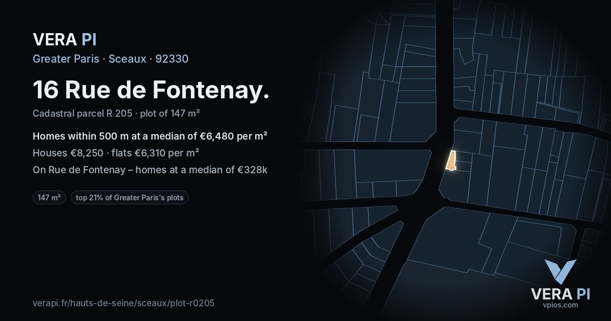 16 Rue de Fontenay, Sceaux at night – the plot lit, the parcels around coloured by the prices near them