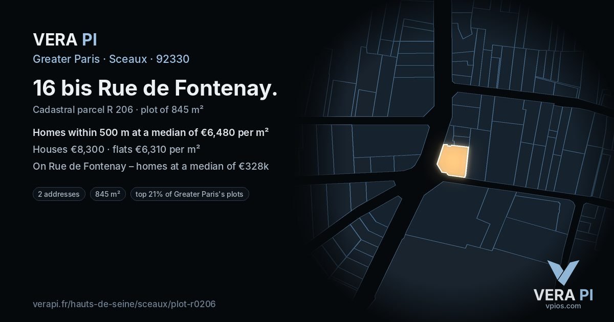 16 bis Rue de Fontenay, Sceaux at night – the plot lit, the parcels around coloured by the prices near them