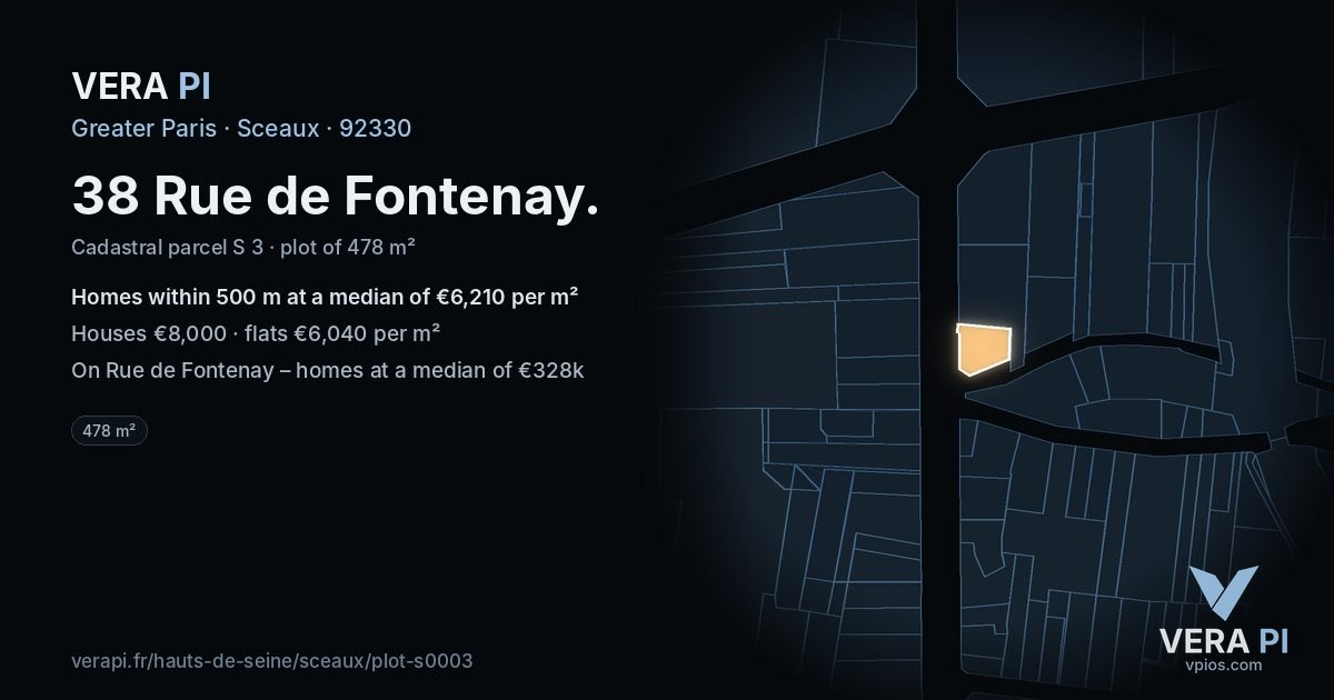 38 Rue de Fontenay, Sceaux at night – the plot lit, the parcels around coloured by the prices near them