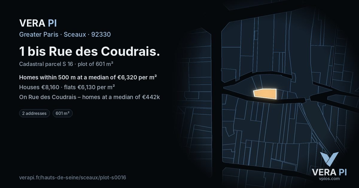 1 bis Rue des Coudrais, Sceaux at night – the plot lit, the parcels around coloured by the prices near them
