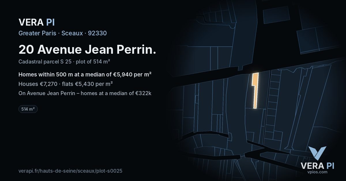 20 Avenue Jean Perrin, Sceaux at night – the plot lit, the parcels around coloured by the prices near them