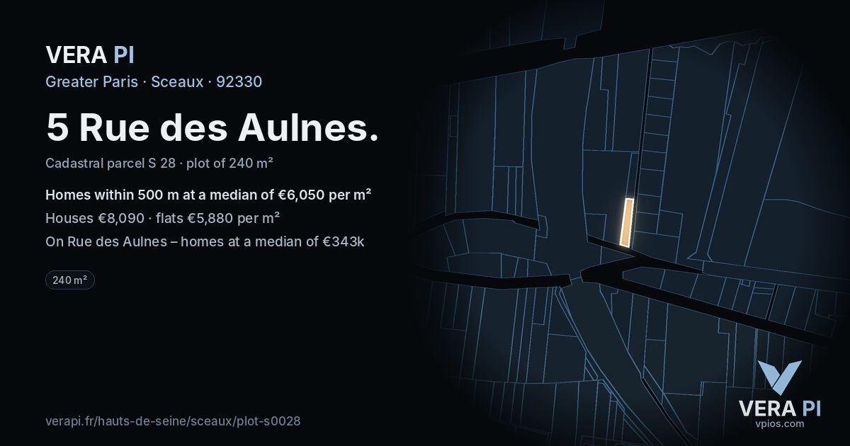 5 Rue des Aulnes, Sceaux at night – the plot lit, the parcels around coloured by the prices near them