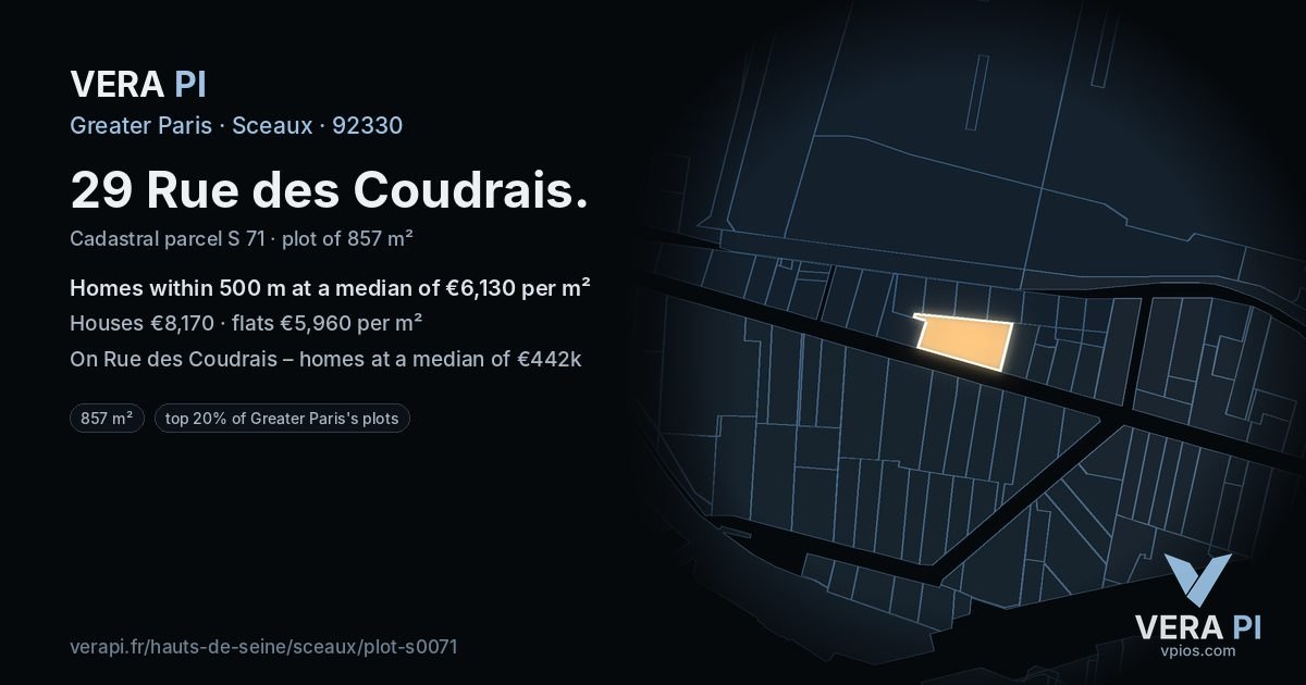 29 Rue des Coudrais, Sceaux at night – the plot lit, the parcels around coloured by the prices near them