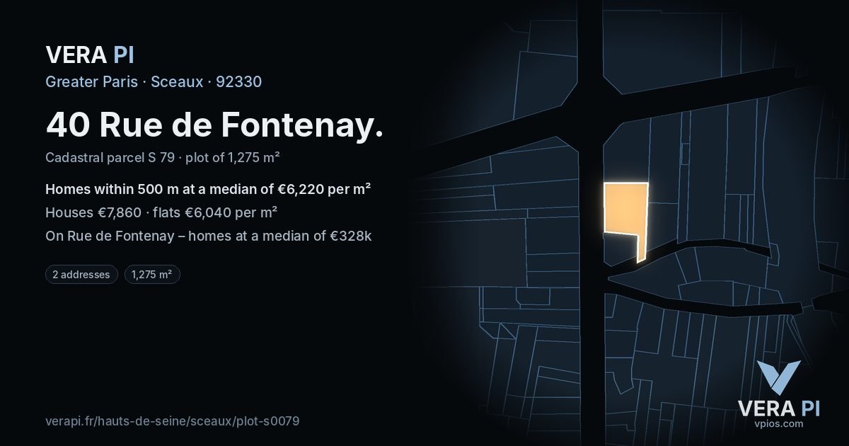 40 Rue de Fontenay, Sceaux at night – the plot lit, the parcels around coloured by the prices near them