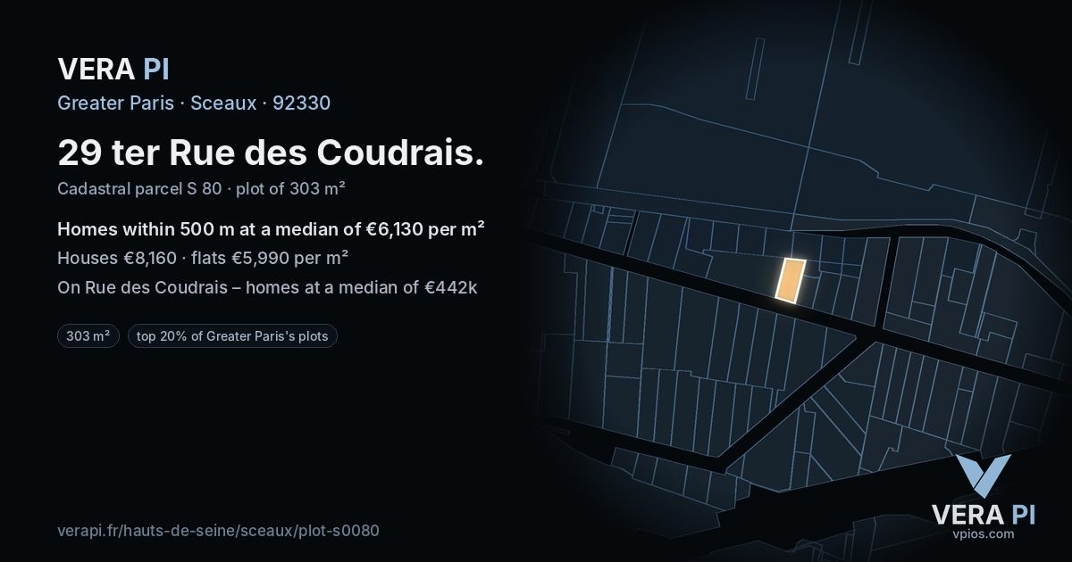 29 ter Rue des Coudrais, Sceaux at night – the plot lit, the parcels around coloured by the prices near them