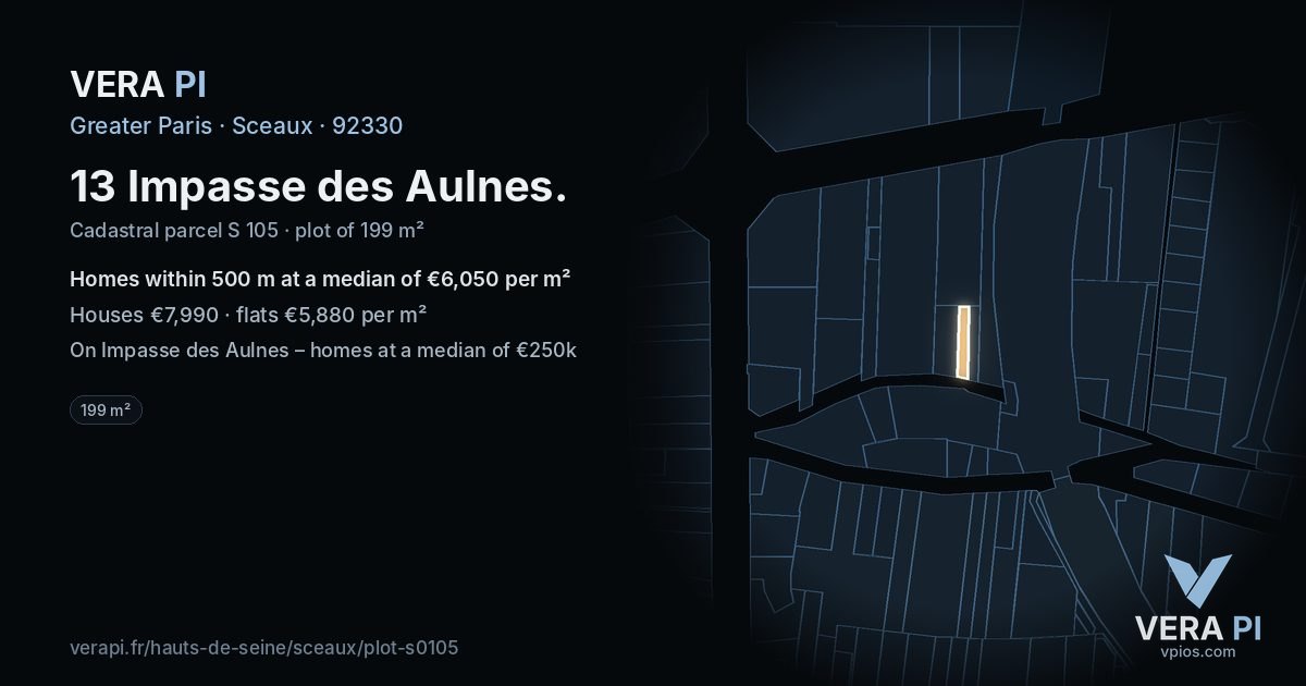 13 Impasse des Aulnes, Sceaux at night – the plot lit, the parcels around coloured by the prices near them
