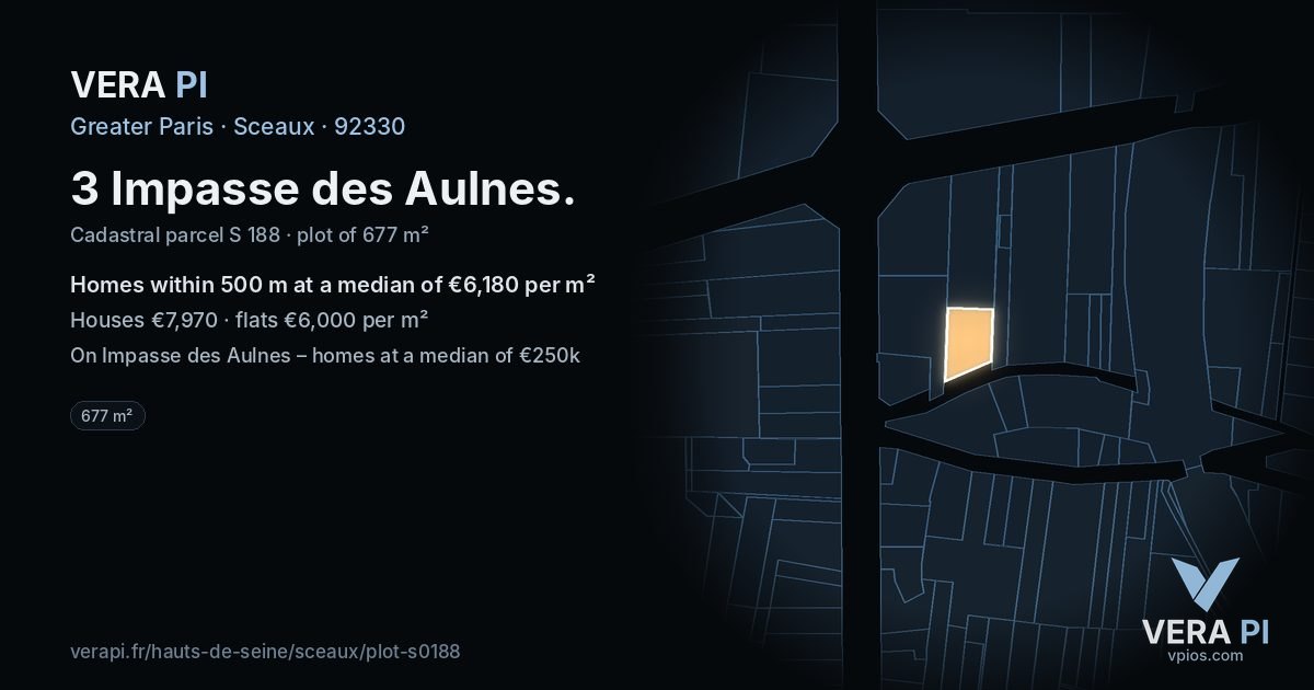 3 Impasse des Aulnes, Sceaux at night – the plot lit, the parcels around coloured by the prices near them