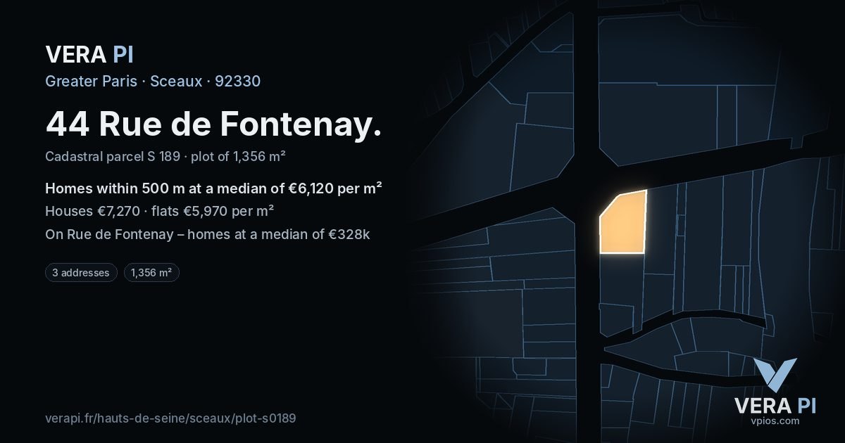 44 Rue de Fontenay, Sceaux at night – the plot lit, the parcels around coloured by the prices near them
