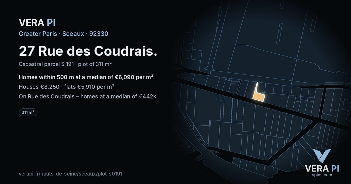 27 Rue des Coudrais, Sceaux at night – the plot lit, the parcels around coloured by the prices near them