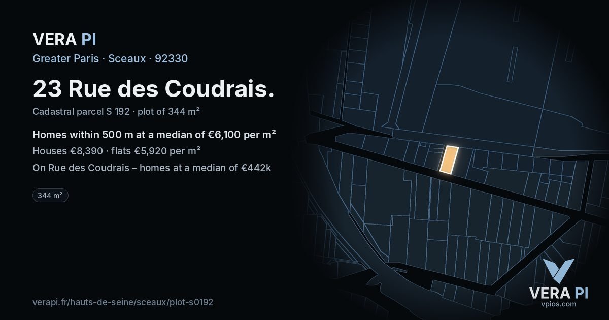 23 Rue des Coudrais, Sceaux at night – the plot lit, the parcels around coloured by the prices near them