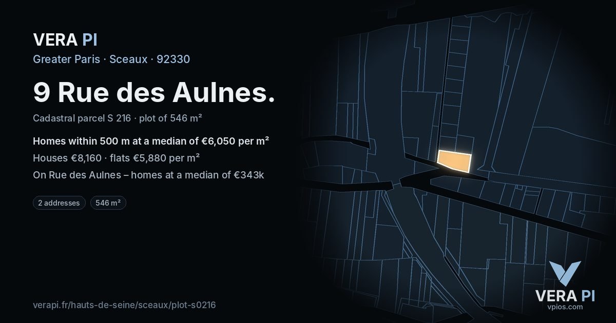 9 Rue des Aulnes, Sceaux at night – the plot lit, the parcels around coloured by the prices near them