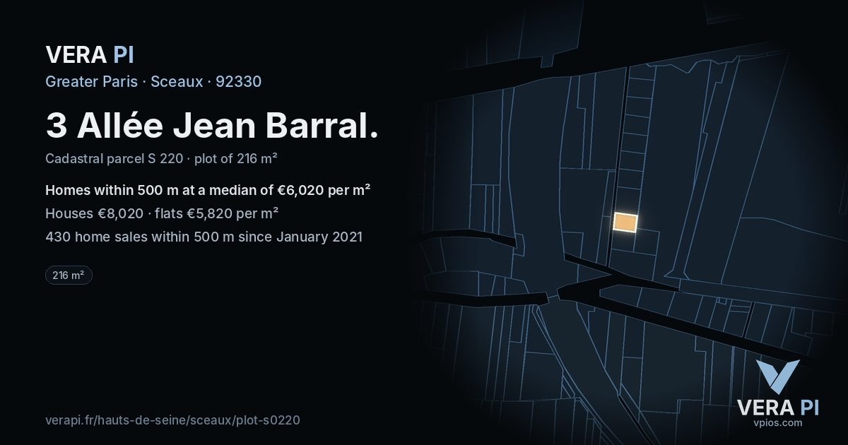 3 Allée Jean Barral, Sceaux at night – the plot lit, the parcels around coloured by the prices near them