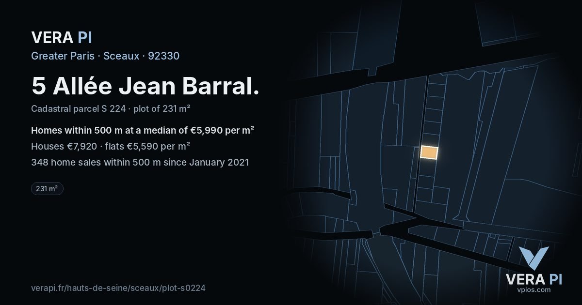 5 Allée Jean Barral, Sceaux at night – the plot lit, the parcels around coloured by the prices near them