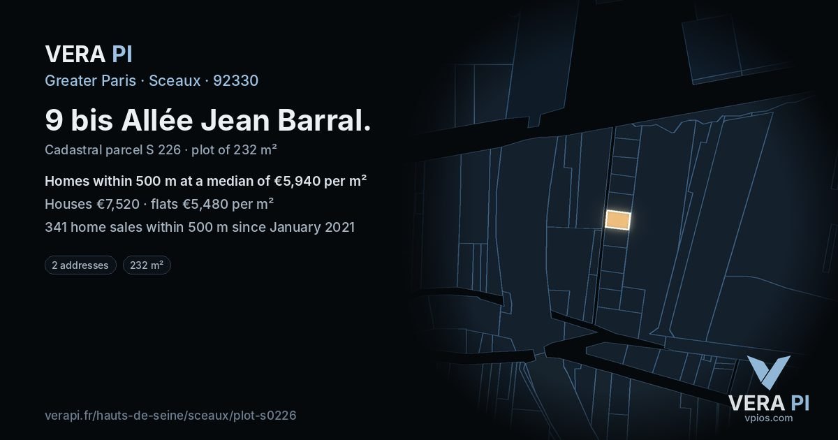 9 bis Allée Jean Barral, Sceaux at night – the plot lit, the parcels around coloured by the prices near them