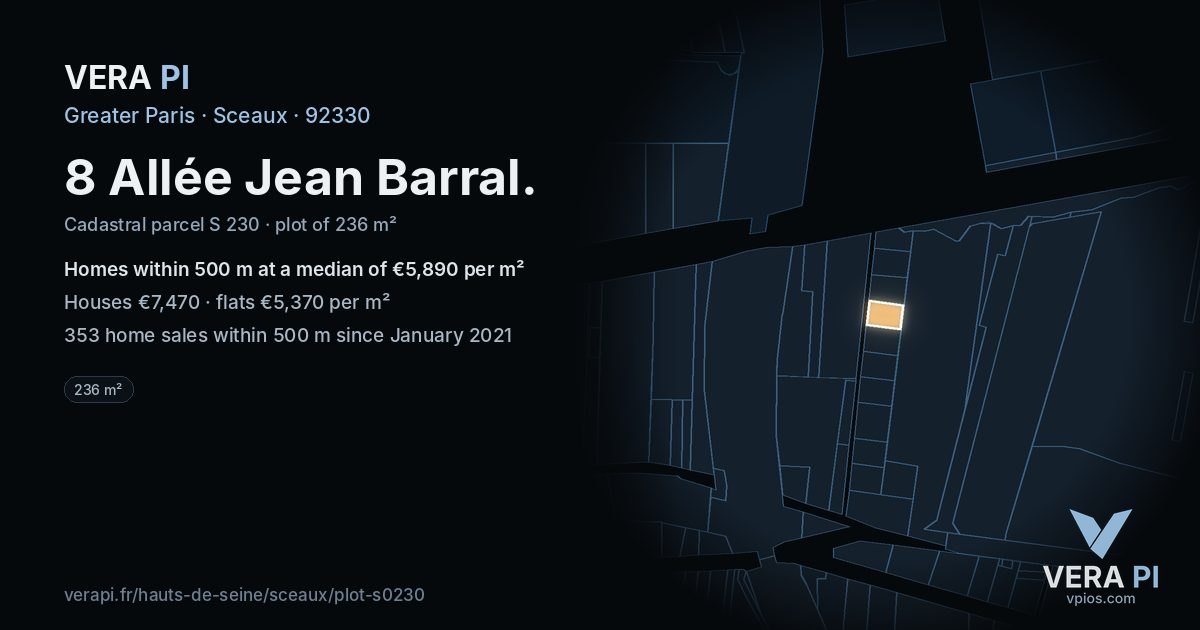 8 Allée Jean Barral, Sceaux at night – the plot lit, the parcels around coloured by the prices near them