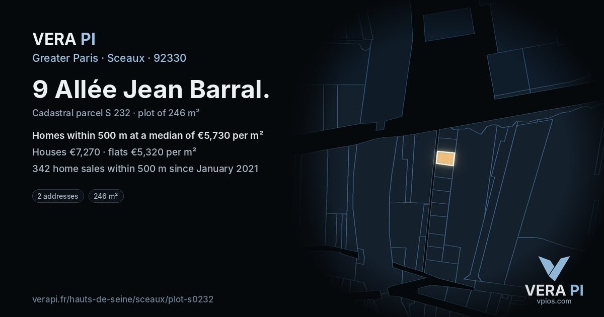 9 Allée Jean Barral, Sceaux at night – the plot lit, the parcels around coloured by the prices near them