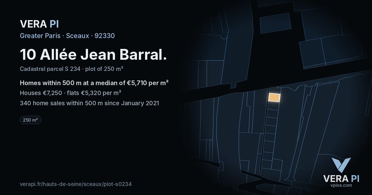 10 Allée Jean Barral, Sceaux at night – the plot lit, the parcels around coloured by the prices near them