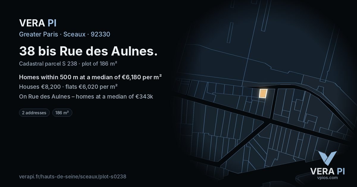 38 bis Rue des Aulnes, Sceaux at night – the plot lit, the parcels around coloured by the prices near them