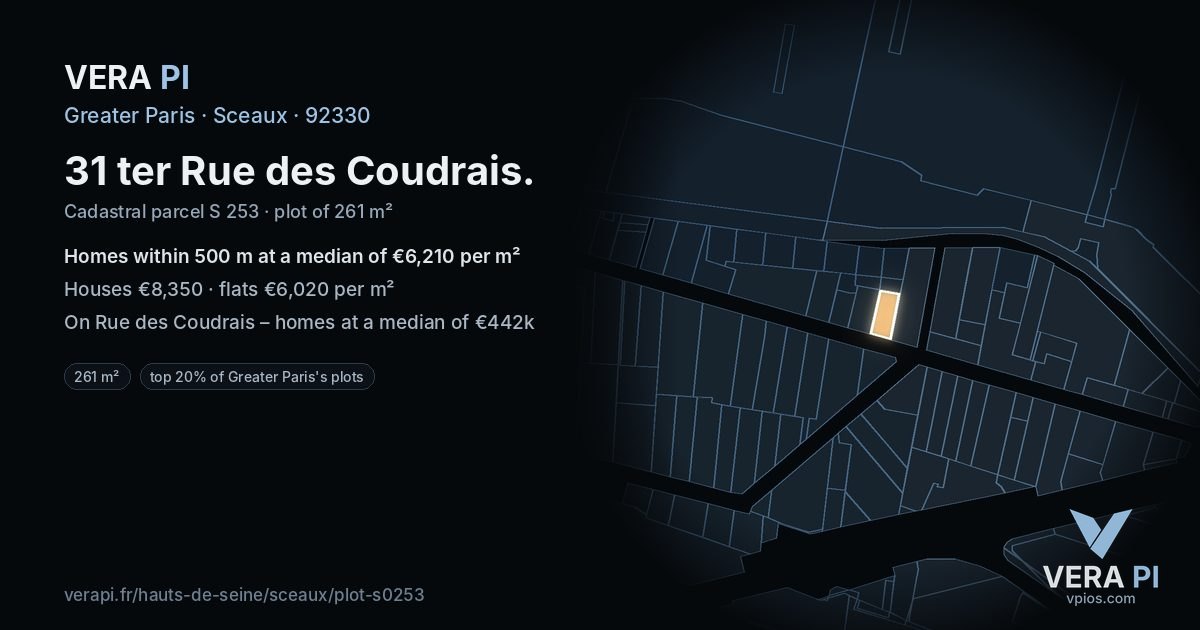 31 ter Rue des Coudrais, Sceaux at night – the plot lit, the parcels around coloured by the prices near them