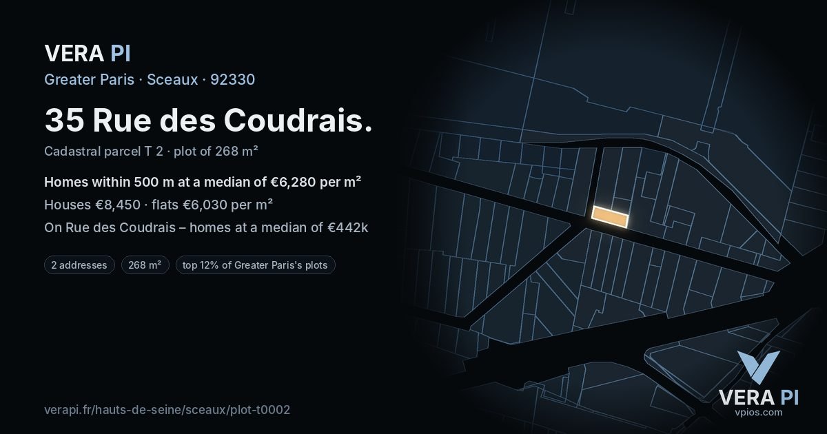 35 Rue des Coudrais, Sceaux at night – the plot lit, the parcels around coloured by the prices near them