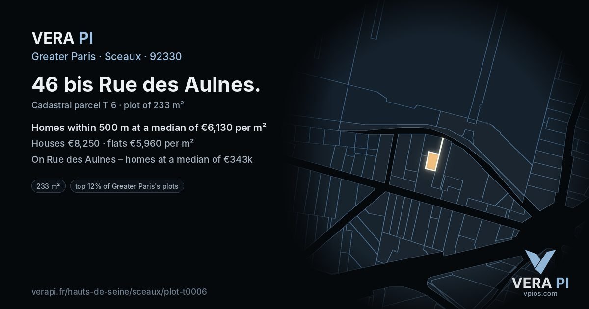 46 bis Rue des Aulnes, Sceaux at night – the plot lit, the parcels around coloured by the prices near them