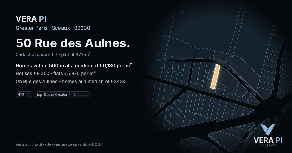 50 Rue des Aulnes, Sceaux at night – the plot lit, the parcels around coloured by the prices near them