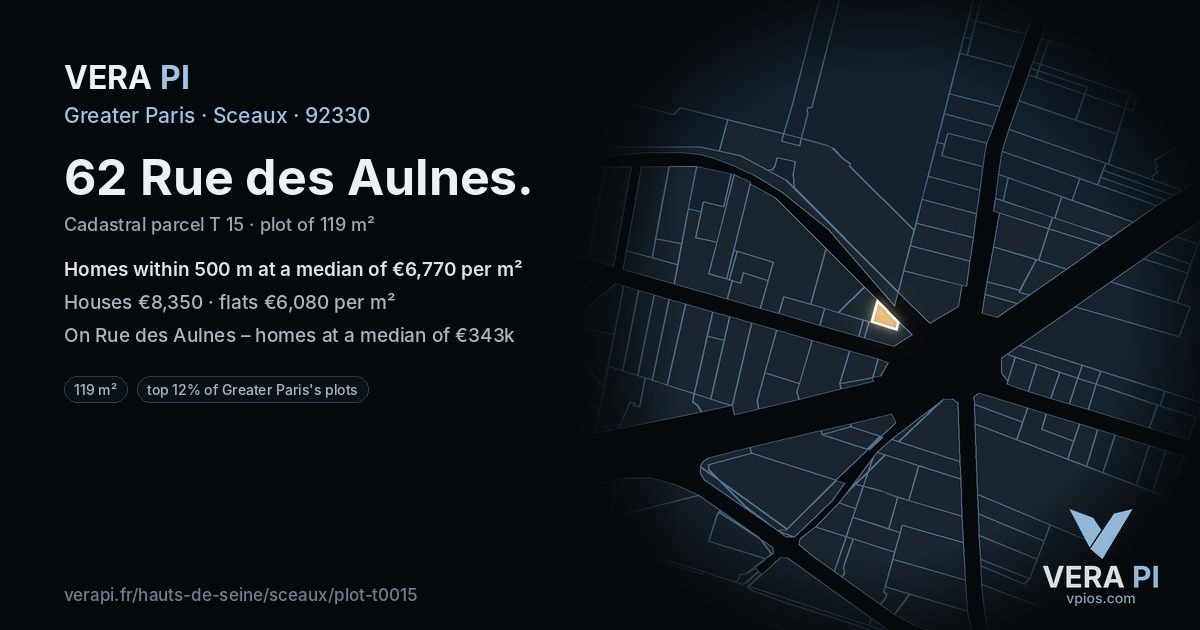 62 Rue des Aulnes, Sceaux at night – the plot lit, the parcels around coloured by the prices near them