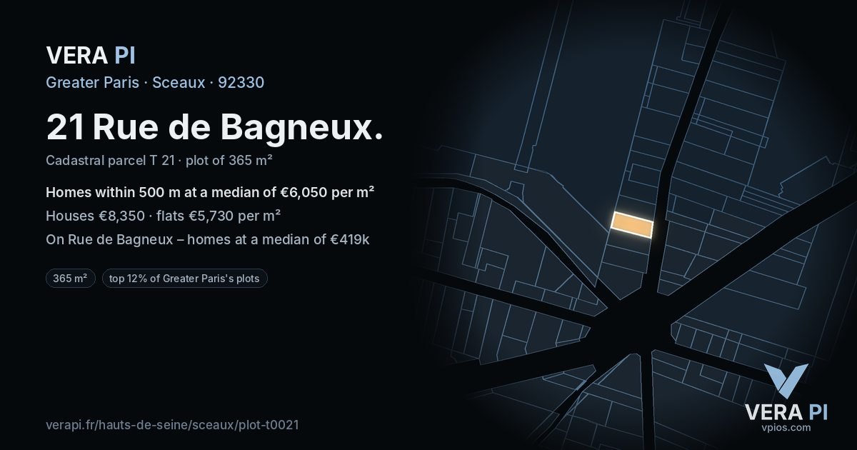 21 Rue de Bagneux, Sceaux at night – the plot lit, the parcels around coloured by the prices near them