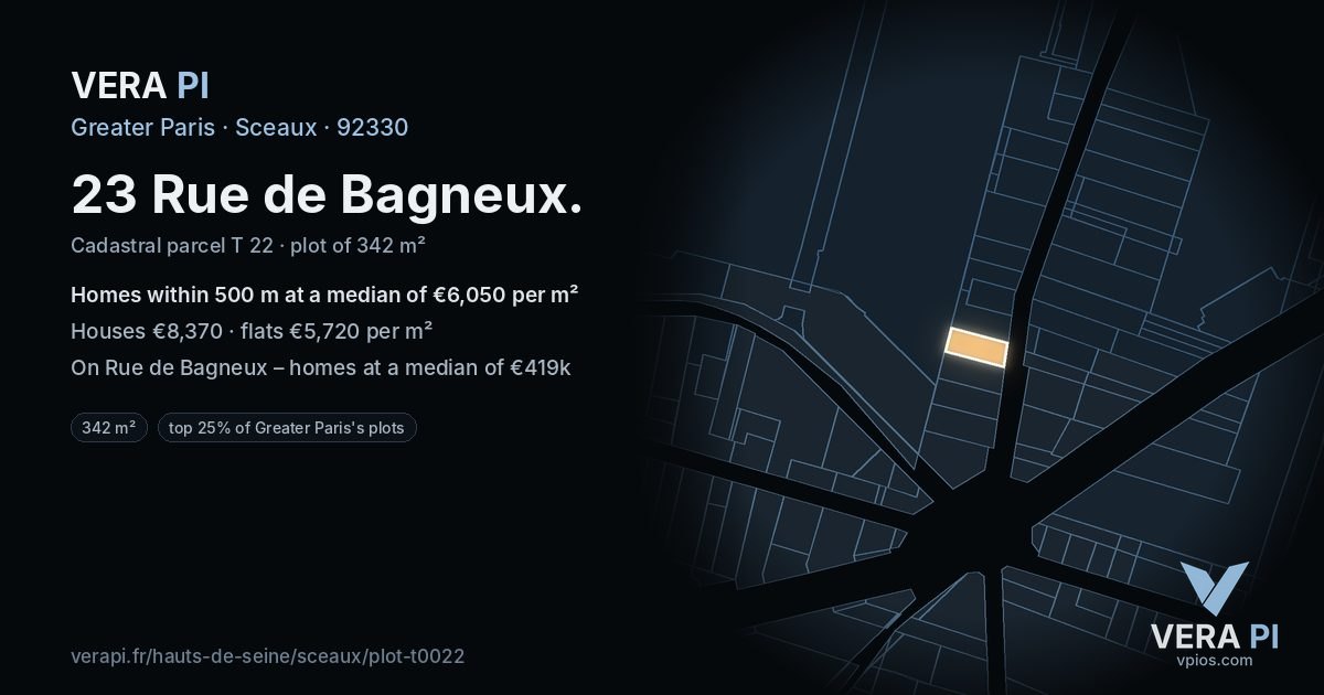 23 Rue de Bagneux, Sceaux at night – the plot lit, the parcels around coloured by the prices near them