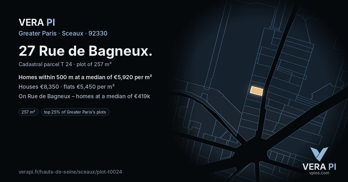 27 Rue de Bagneux, Sceaux at night – the plot lit, the parcels around coloured by the prices near them