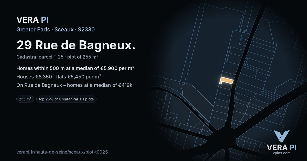 29 Rue de Bagneux, Sceaux at night – the plot lit, the parcels around coloured by the prices near them