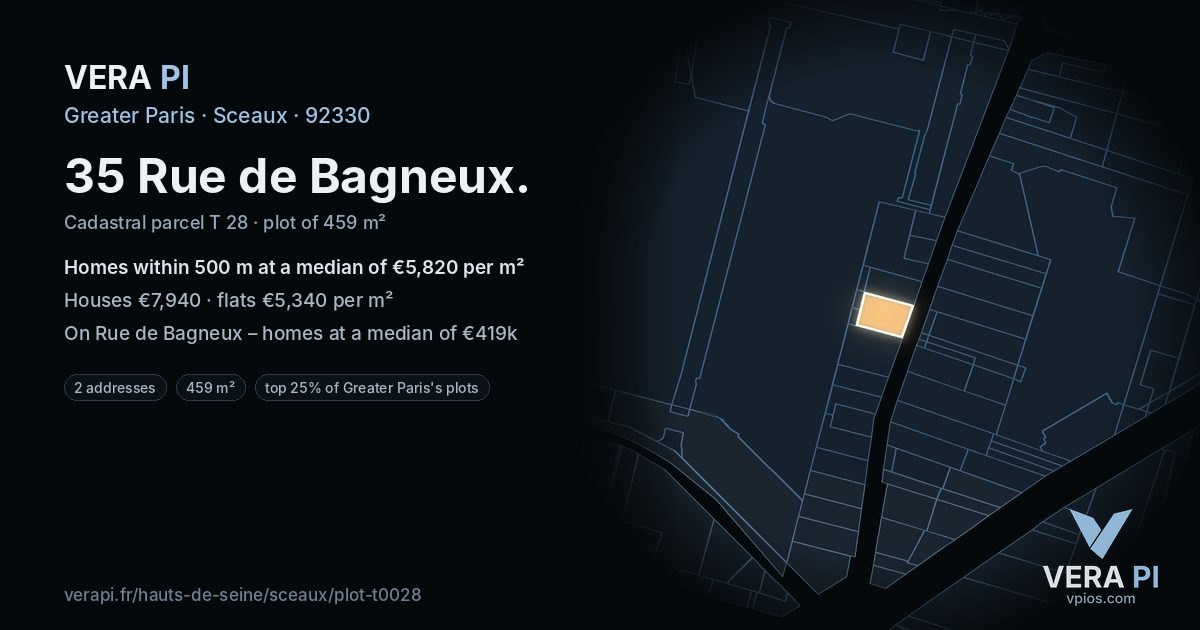 35 Rue de Bagneux, Sceaux at night – the plot lit, the parcels around coloured by the prices near them