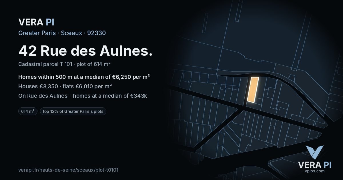 42 Rue des Aulnes, Sceaux at night – the plot lit, the parcels around coloured by the prices near them