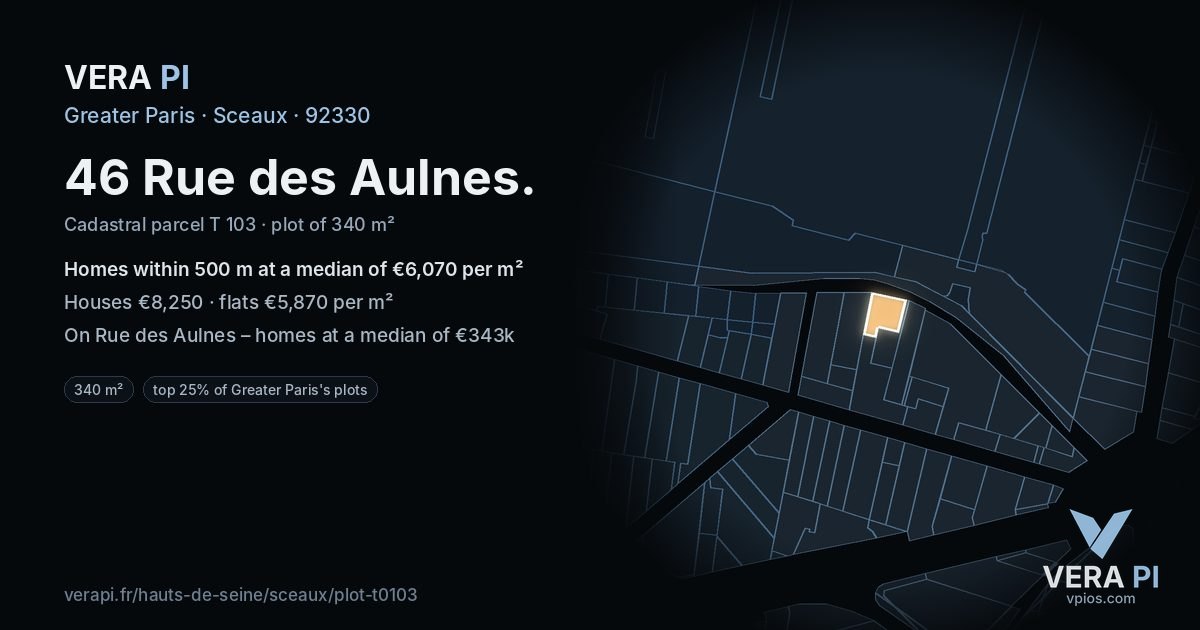 46 Rue des Aulnes, Sceaux at night – the plot lit, the parcels around coloured by the prices near them